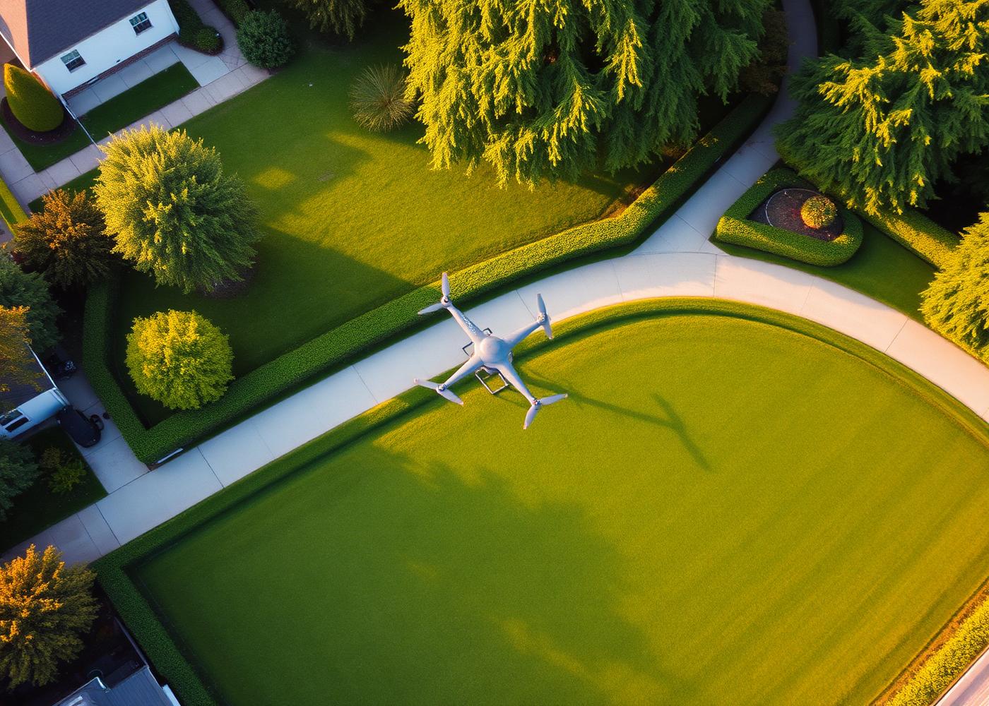 Aerial view of beautifully maintained lawns